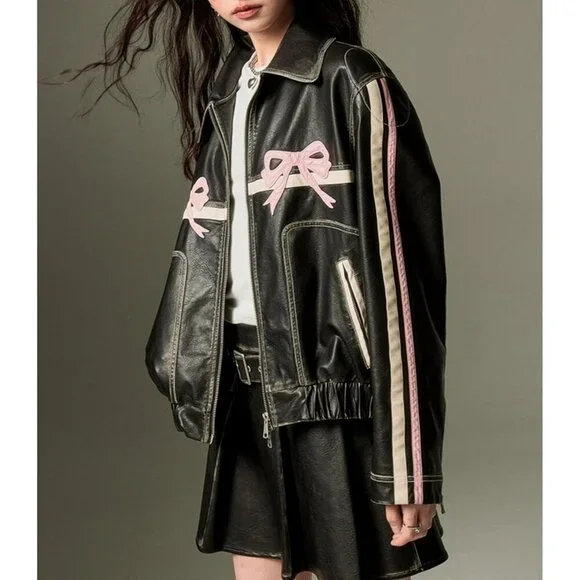 Womens Faux Leather Bomber Jacket with Bow Detail Stylish Fall Outerwear Coat - Picture 2 of 6